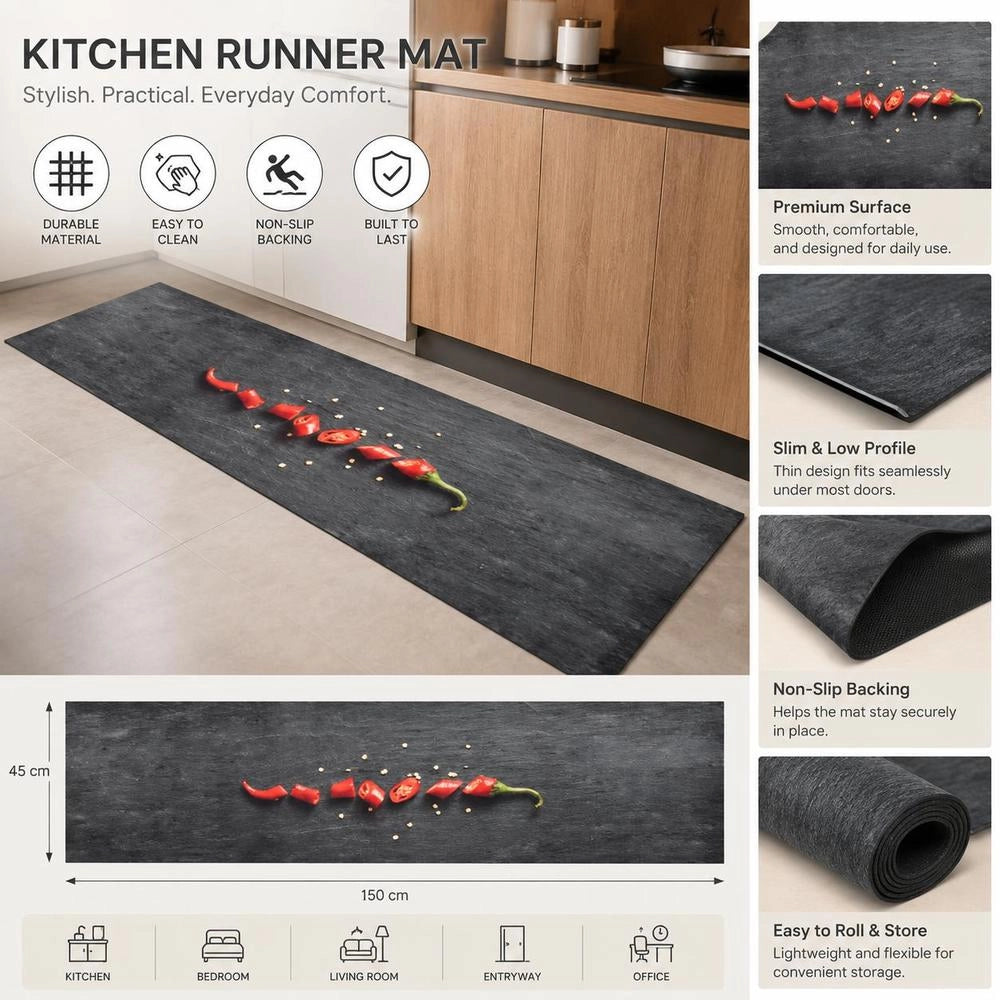 Washable Kitchen Floor Mat, Pepper Design, 45x150 Cm