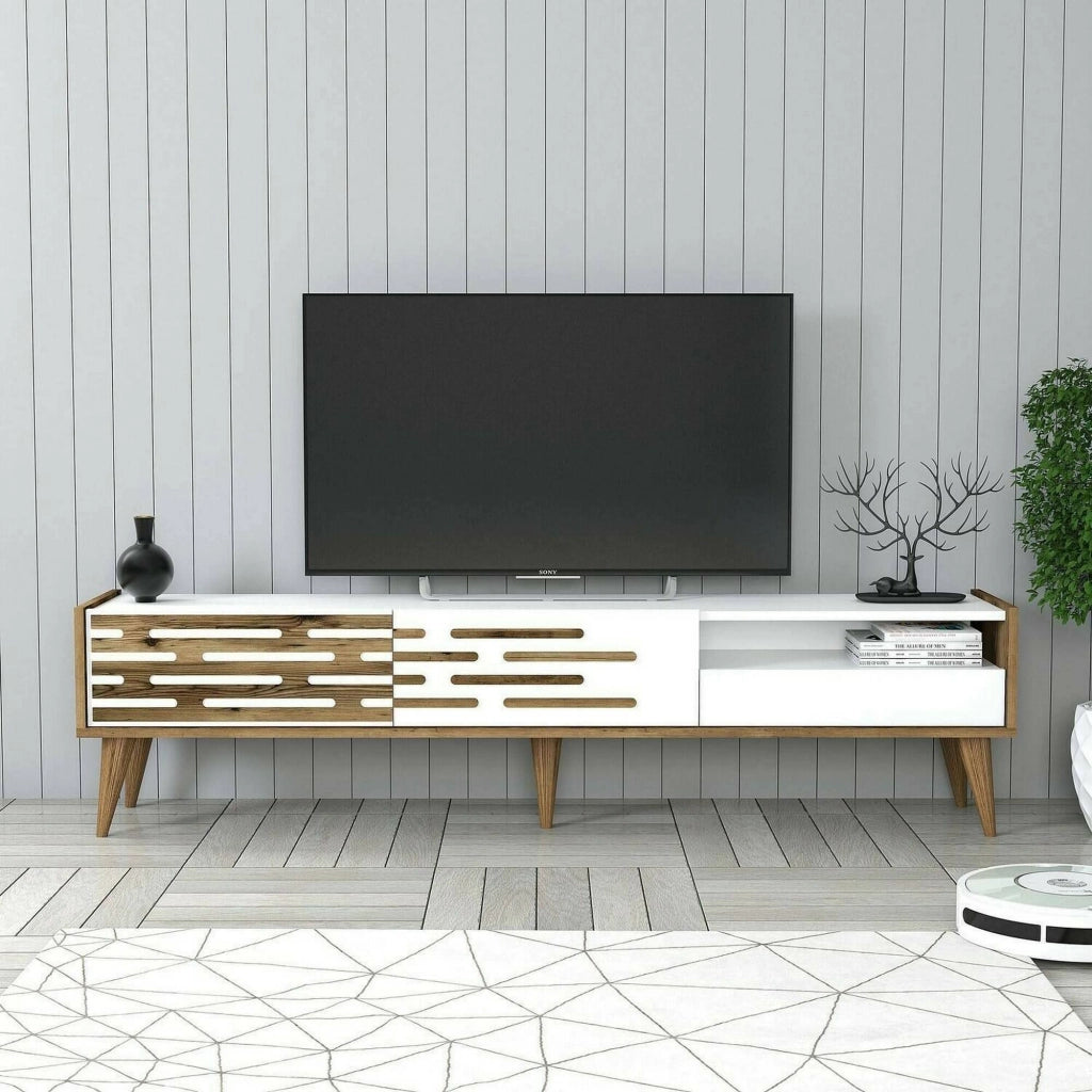 Mobile porta TV Upana, Credenza da soggiorno, Armadio basso per TV, Base parete attrezzata, 180x45h35 cm, Bianco e Noce