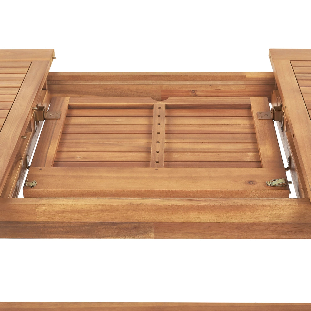 Set da pranzo da giardino in legno di acacia con cuscini blu, 6 posti, sedie pieghevoli e regolabili, stile country per esterni