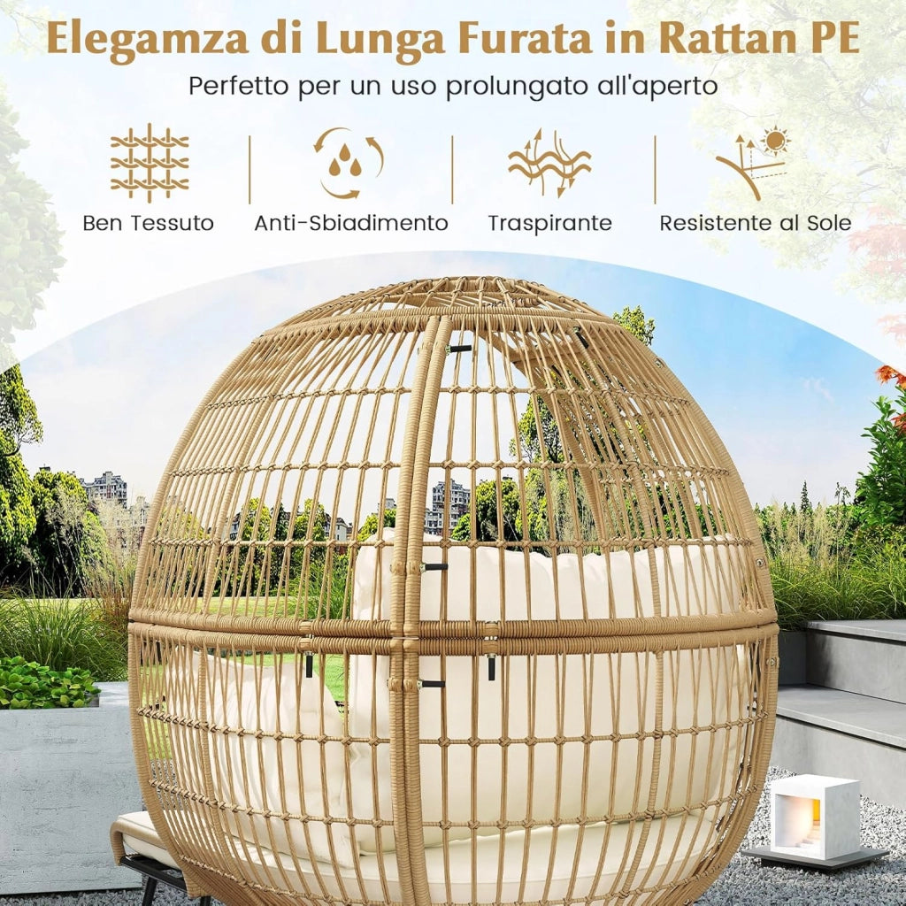 Sedia a Uovo con Poggiapiedi, Set da 2 Pezzi in Rattan con Struttra in Metallo e Cuscini Morbini, Portata 205 kg, Poltrona Relax per Soggiorno, Terrazzo, Giardino e Cortile