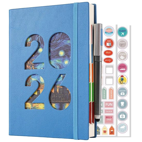 Dagario A5 Pagine per Giorno - Planner 2026 - Giornale Accademico - Organizzatore in Cuoio - Tabellari Mensili - Inclusi Stickers
