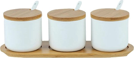 Suikerpot moderno, contenitore per zucchero, vaso per zucchero in ceramica, contenitore per spezie con cucchiai in ceramica e coperchi in bambù per il contenimento di zucchero, sale (bianco)