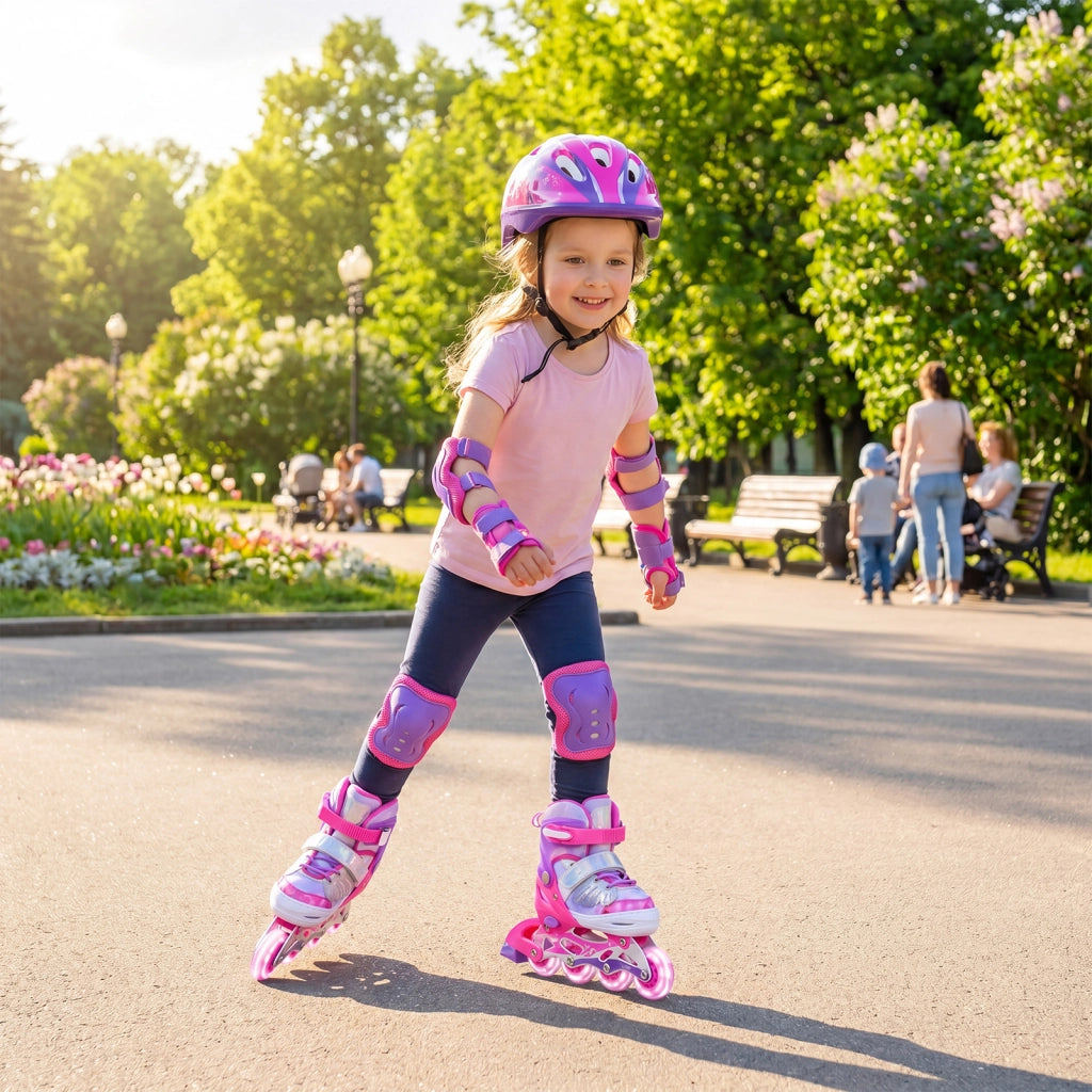 Pattini in linea per bambini con ruote luminose, Pattino a rotella per principiante misura regolabile professionale sport Rosa S