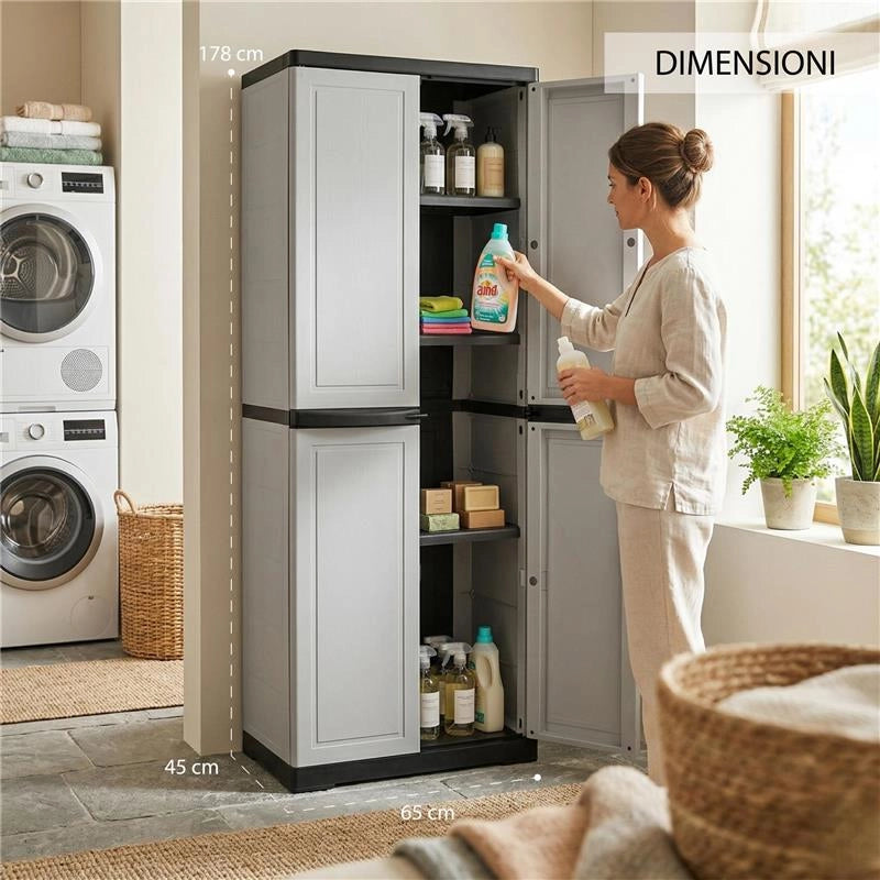 ARMADIO SLIM FOTINCISO IN RESINA CON 3 RIPIANI REGOLABILI E PREDISPOSIZIONE LUCCHETTO - COLORE GRIGIO DIMENSIONE 65X45X178H CM