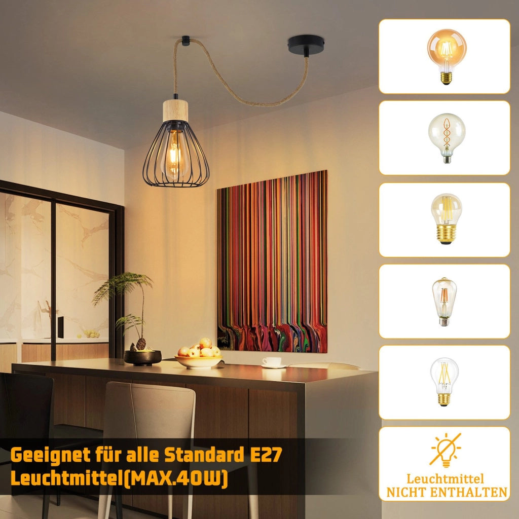 Lampada a Sospensione ZMH nera retro in corda di canapa e legno E27 per sala da scala