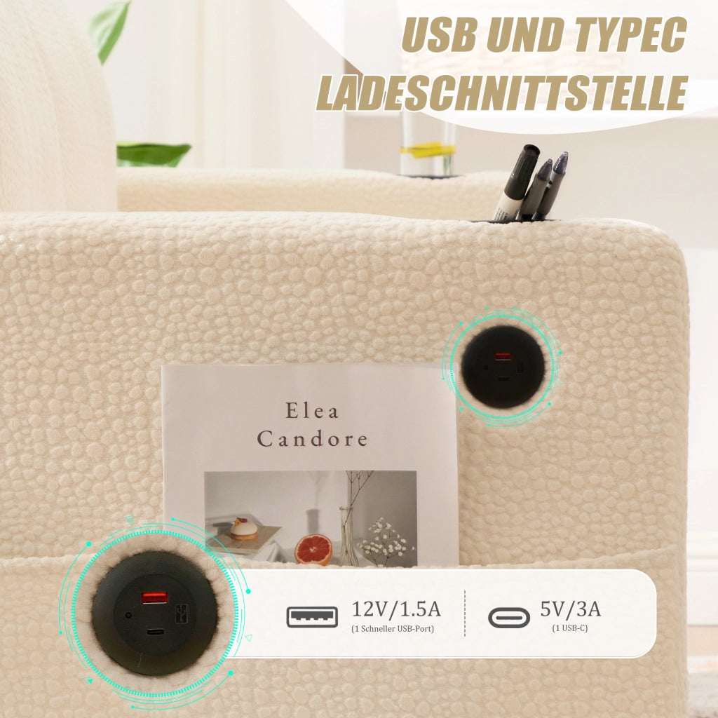 Divano a 2 posti in chenille con USB-C LED tasche laterali e portabicchieri struttura in legno e metallo beige