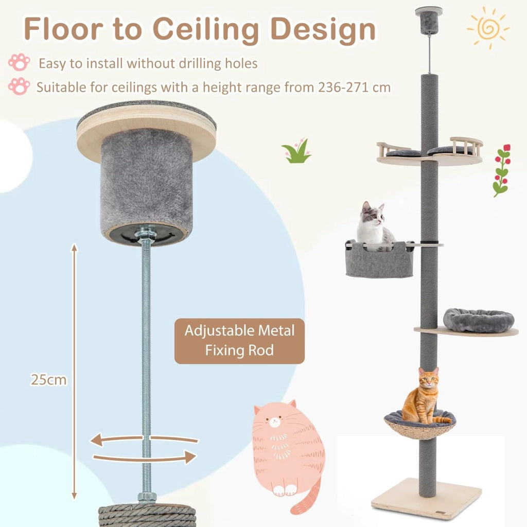 Tiragraffi alto a soffitto, altezza 236 – 271 cm, con 4 livelli, pedana per lettino, tronco spesso 10 cm, tenditore a soffitto regolabile in altezza, albero da arrampicata per gatti