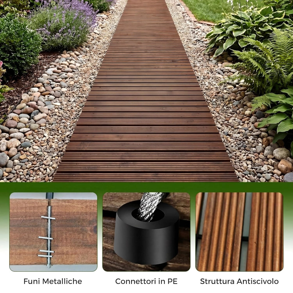 Sentiero da Giardino in Legno, Passerella Decorativa da Esterno, Superficie Antiscivolo, Collegamento con Fili Metallici, Sentiero Arrotolabile per Cortile e Spiaggia, 367 x 55 cm (Marrone)