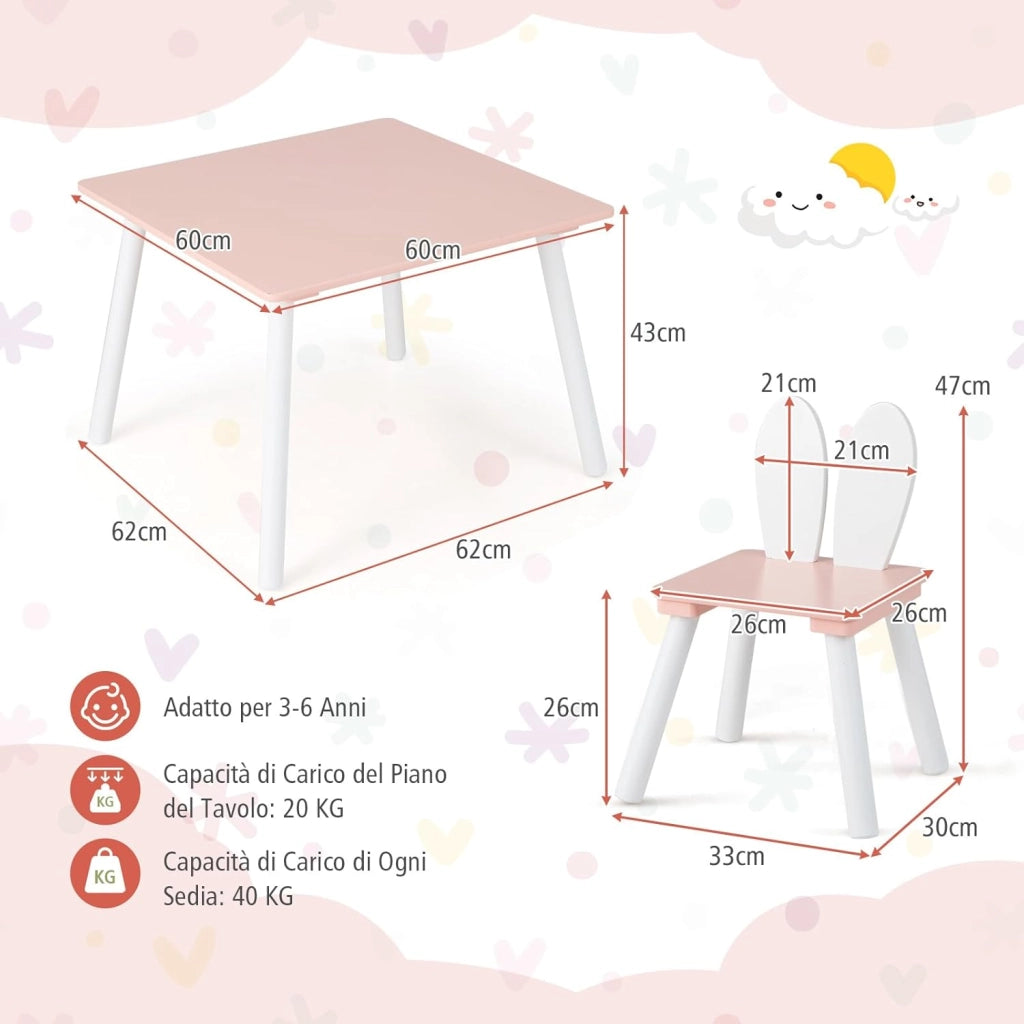 Tavolo Bambini con Sedie, Set Tavolo e Sedie in Legno per Bambini 3-6 anni con Schienale a Forma di Coniglio, Tavolino con Sedie per Giocare, Disegnare e Leggere, Capacità di 40 kg (Rosa)