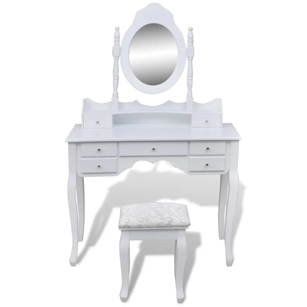 Tavolo da Trucco con Specchio e Sgabello 7 Cassetti Bianco 241002