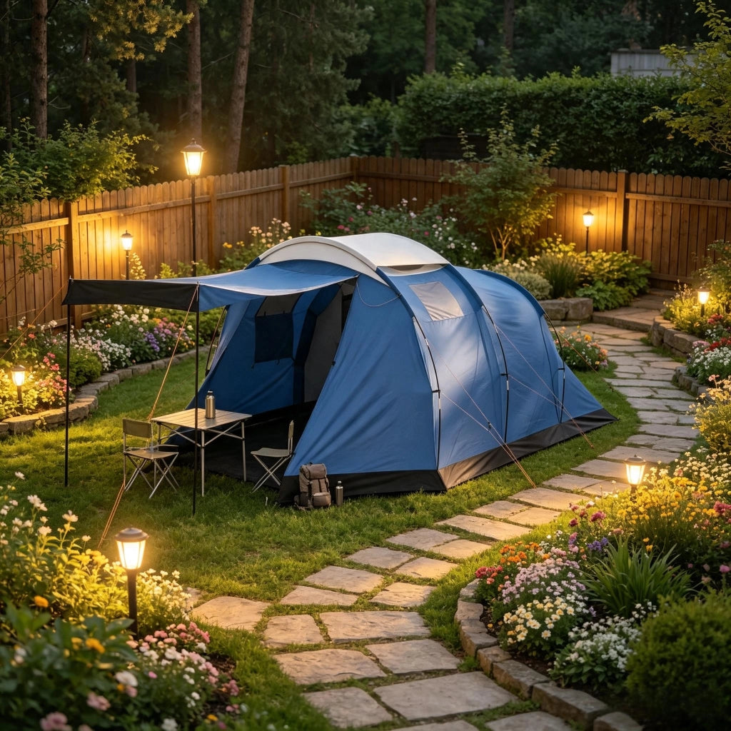 Tenda a tunnel per 4 persone, impermeabile 3000 mm, a doppia parete, altezza interna 190 cm, blu.