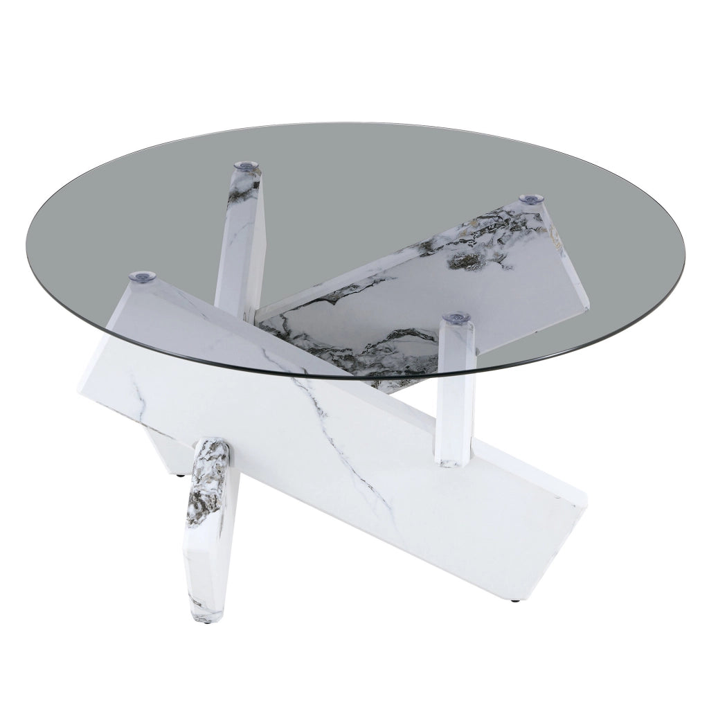 Tavolino rotondo 88.5x88.5x12.5 cm con piano in vetro temperato; base geometrica in MDF e vetro bianco