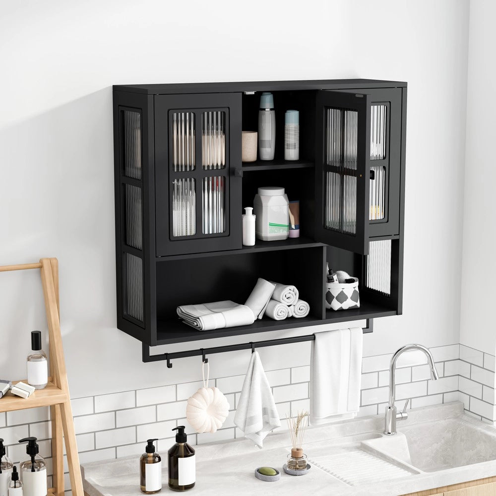 Armadietto da Bagno a Parete ¨C MINIMAL ¨C Nero, 3 Ante, Legno, con Specchio e Porta Salviette