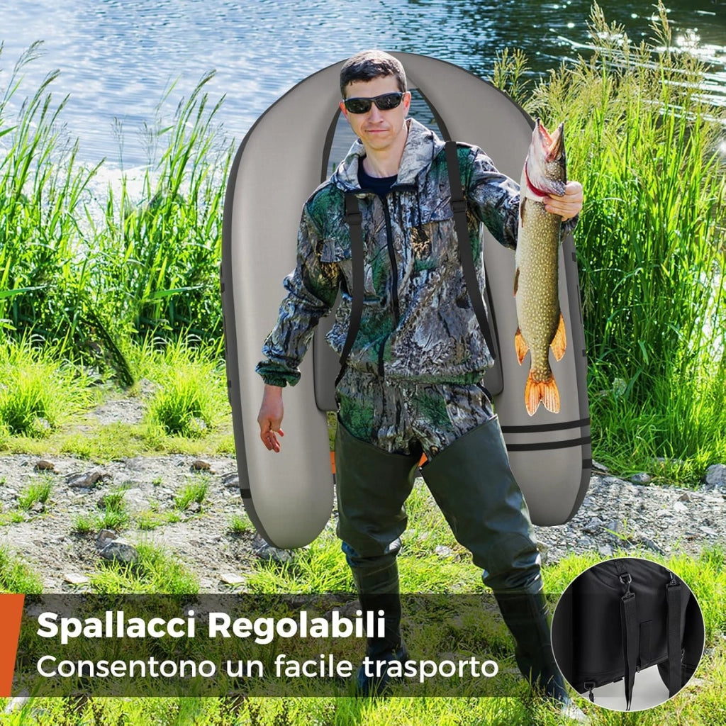 Belly Boat da Pesca Portatile, Gommone Gonfiabile da Pesca con Porta Canne Regolabile, Pompa, Pagaia in Alluminio, Spallacci e Kit di Riparazione, Barca da Mare con 2 Pinne, capacità 160kg