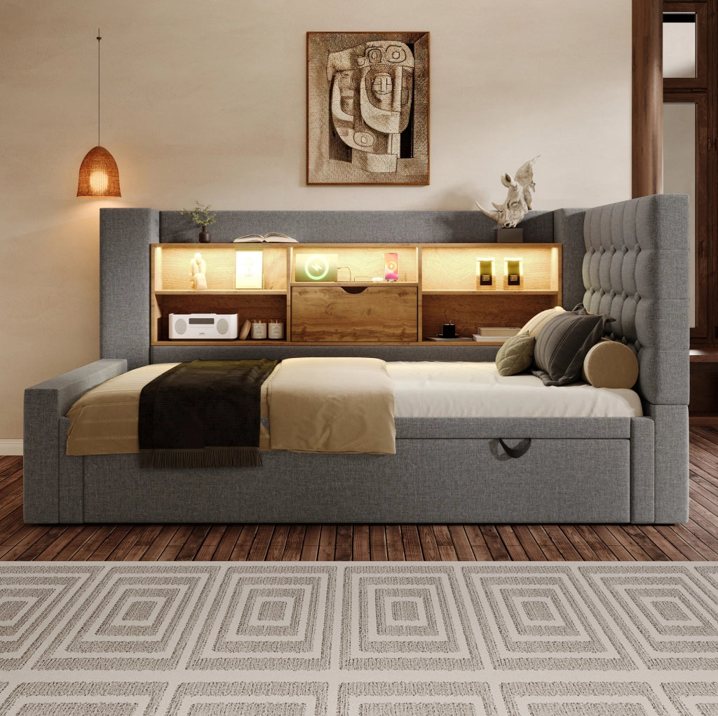 Letto imbottito estraibile 90x200 cm con LED; USB-A e USB-C; grigio