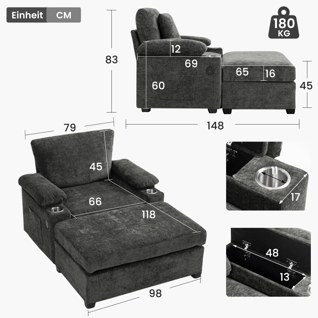 Fauteuil relax in ciniglia con portabicchieri, USB e tasche laterali, supporto ergonomico, grigio scuro