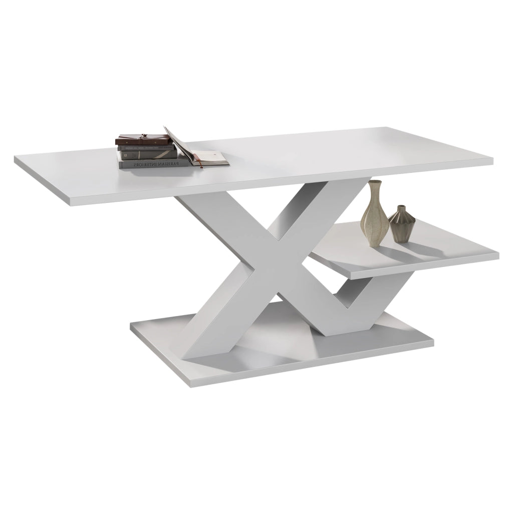 Tavolino da salotto rettangolare bianco lucido 100 x 48 x 45 cm, in MDF, struttura a X, portata fino a 10 kg