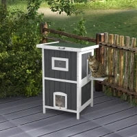 Cuccia per Gatti da Esterno in Legno a 2 Livelli con Tetto in Asfalto e 4 Porte, 60x60x90.5cm, Grigio