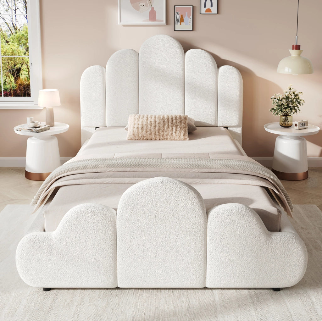 Letto imbottito 90x200 cm con angoli arrotondati in bouclé beige