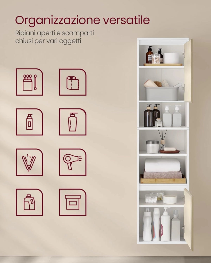 VASAGLE KAILYN Collezione - Mobiletto da Bagno, Mobile da Parete o Terra, Ante a Apertura Regolabile, 7 Scomparti, 3 Ripiani Regolabili, 30 x 40 x 160 cm, Bianco Nuvola e Beige Naturale BBK762N01