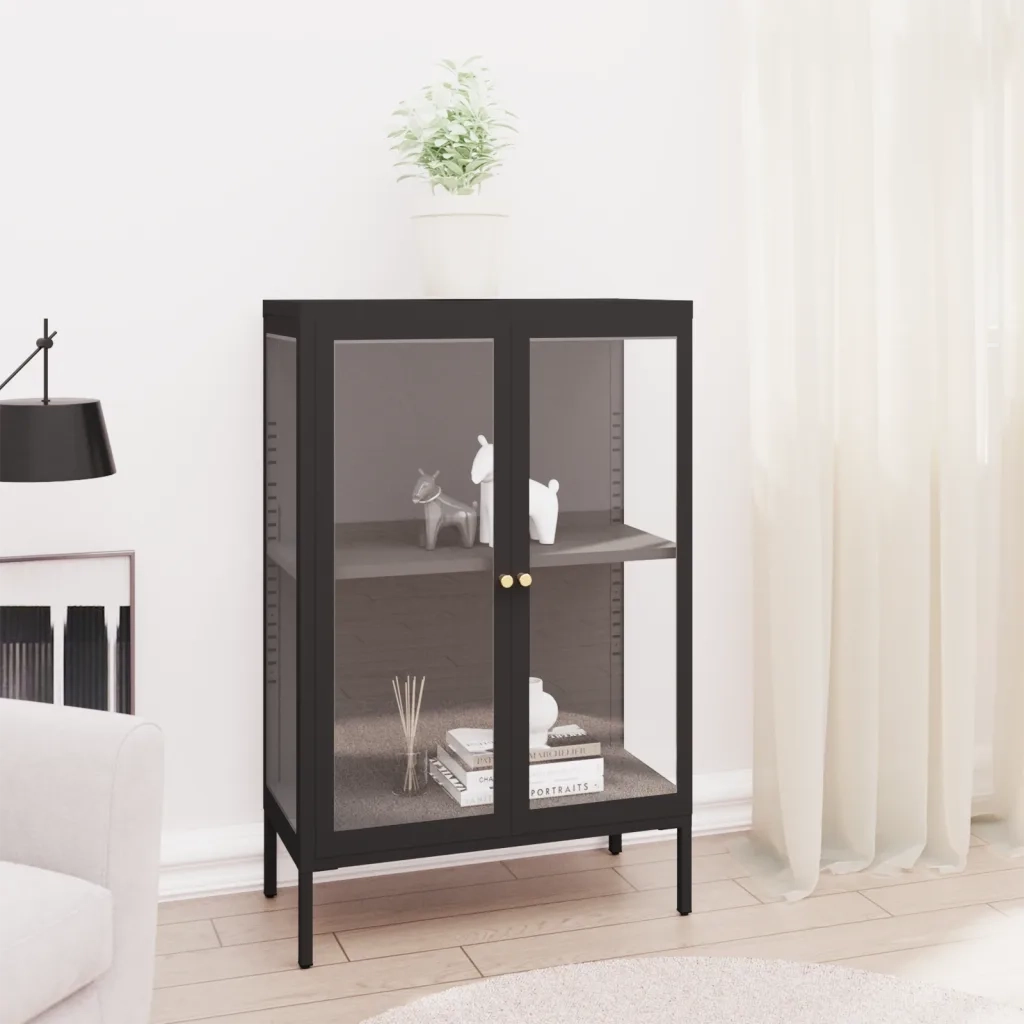 Credenza | Madia | Buffet da pranzo | Armadio da pranzo Nera 75x35x105 cm in Acciaio e Vetro