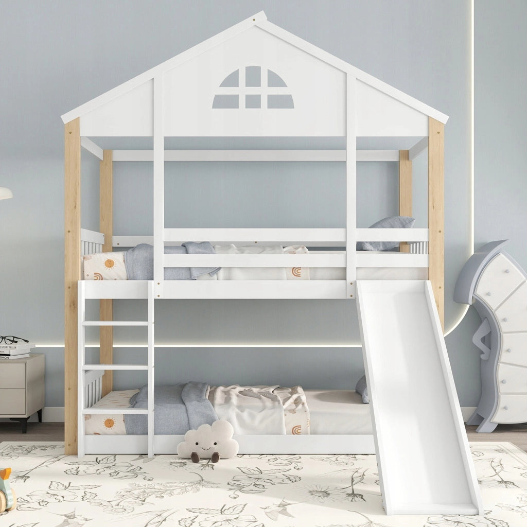 Letto a castello con scivolo - Xylo - 90x200cm - Bianco e legno