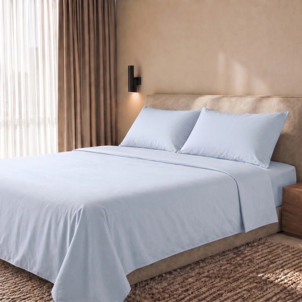 Set Lenzuola Letto Singolo in Cotone Percalle 200 TC Ghiaccio | Lenzuolo Piano 160x295 cm, lenzuolo con angoli 90x200 cm e Tasca da 28 cm, 1 Federa | Made in Italy