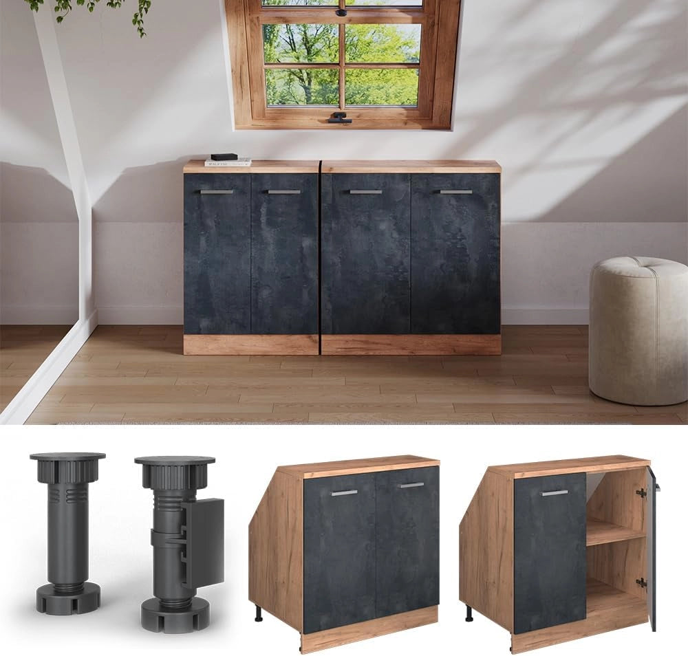Mobile sottotetto Rion, Calcestruzzo nero, 80 x 81.6 cm con 2 porte, carcassa 60 cm profondità, adatto per il salvaspazio sotto tetti spioventi