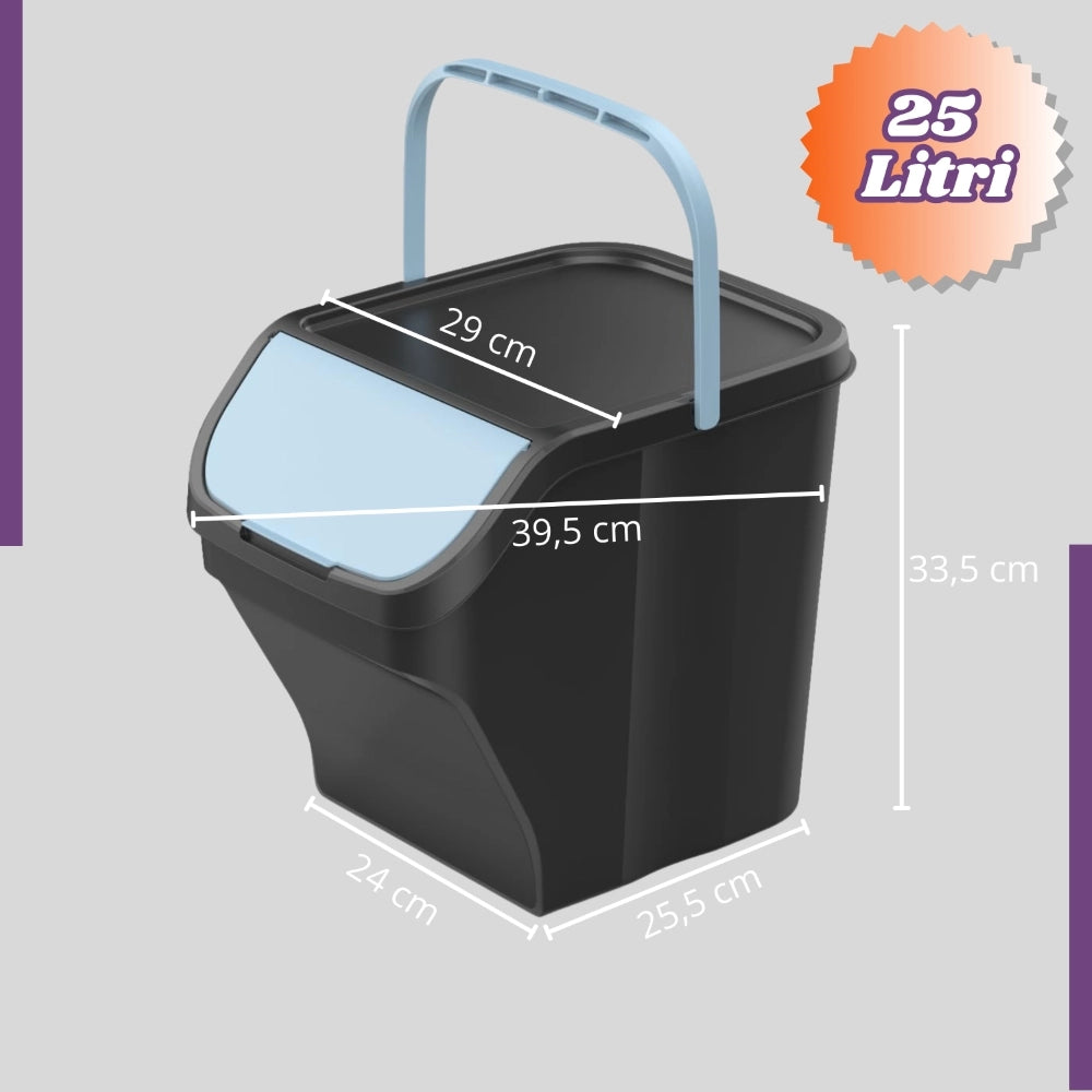 Kit 4 Pezzi Pattumiera Raccolta Differenziata 4x25 Litri con maniglia Corpo NERO