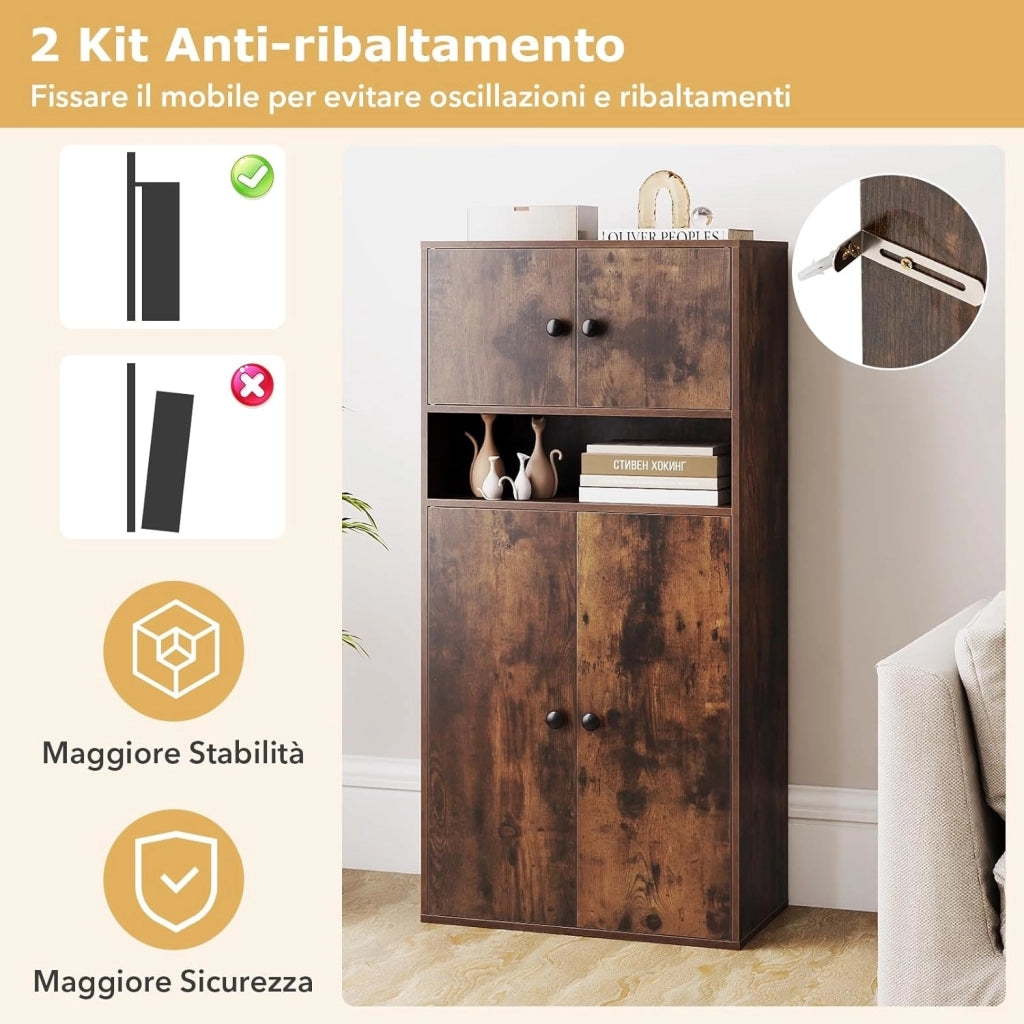 Libreria con 4 Ante, Armadio Alto a 4 Ripiani con Mensola Regolabile e 2 Kit Anti-Ribaltamento, Organizzatore per Casa Ufficio, 54 x 30 x 111 cm (Marrone)