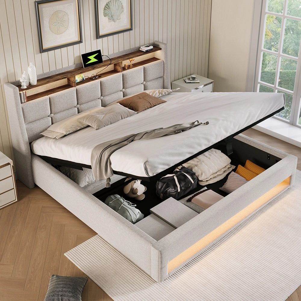 Lit 160x200 cm - Xylo - Rimbottito USB LED - Senza materasso Beige