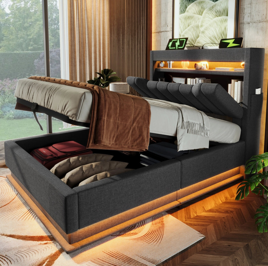 Letto imbottito 90x200 cm grigio con LED, ricarica USB-C, contenitore e materasso