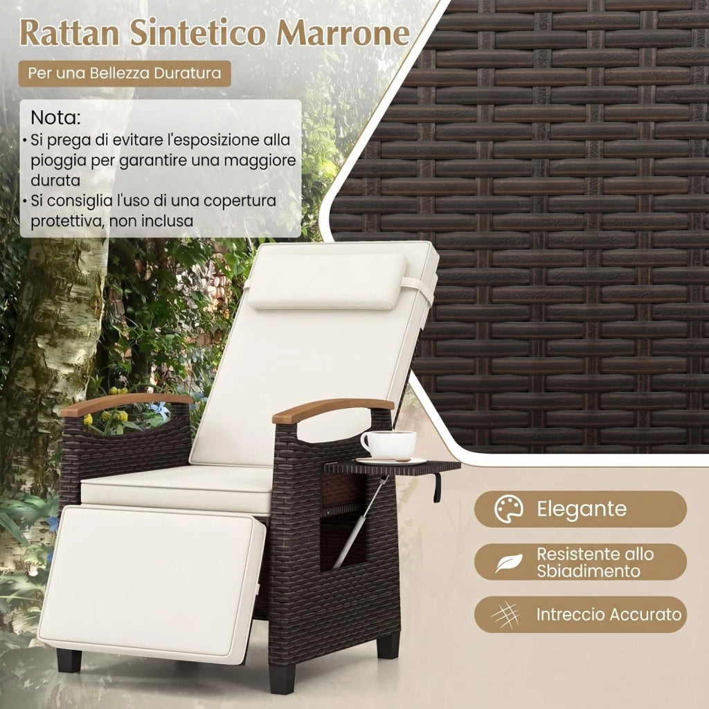 Poltrona Reclinabile da Giardino, Sedia Relax Esterno in Rattan con Schienale Regolabile a 150°, Poggiapiedi e Tavolino Pieghevole, Portata 180 kg, per Patio, Cortile e Terrazzo (Bianco,2)