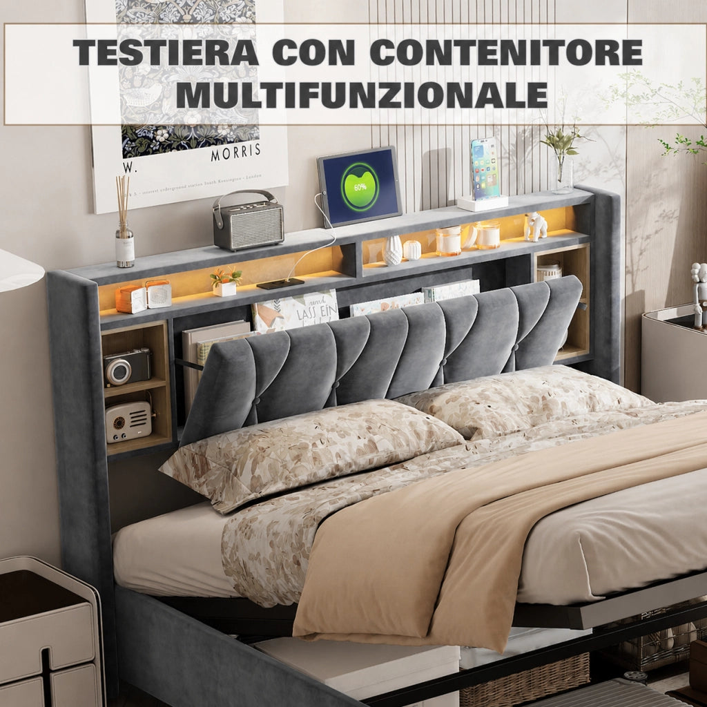 Letto imbottito grigio 140×200 cm, testiera contenitiva multilivello, USB‑C, LED con telecomando, base letto vano idraulico salvaspazio