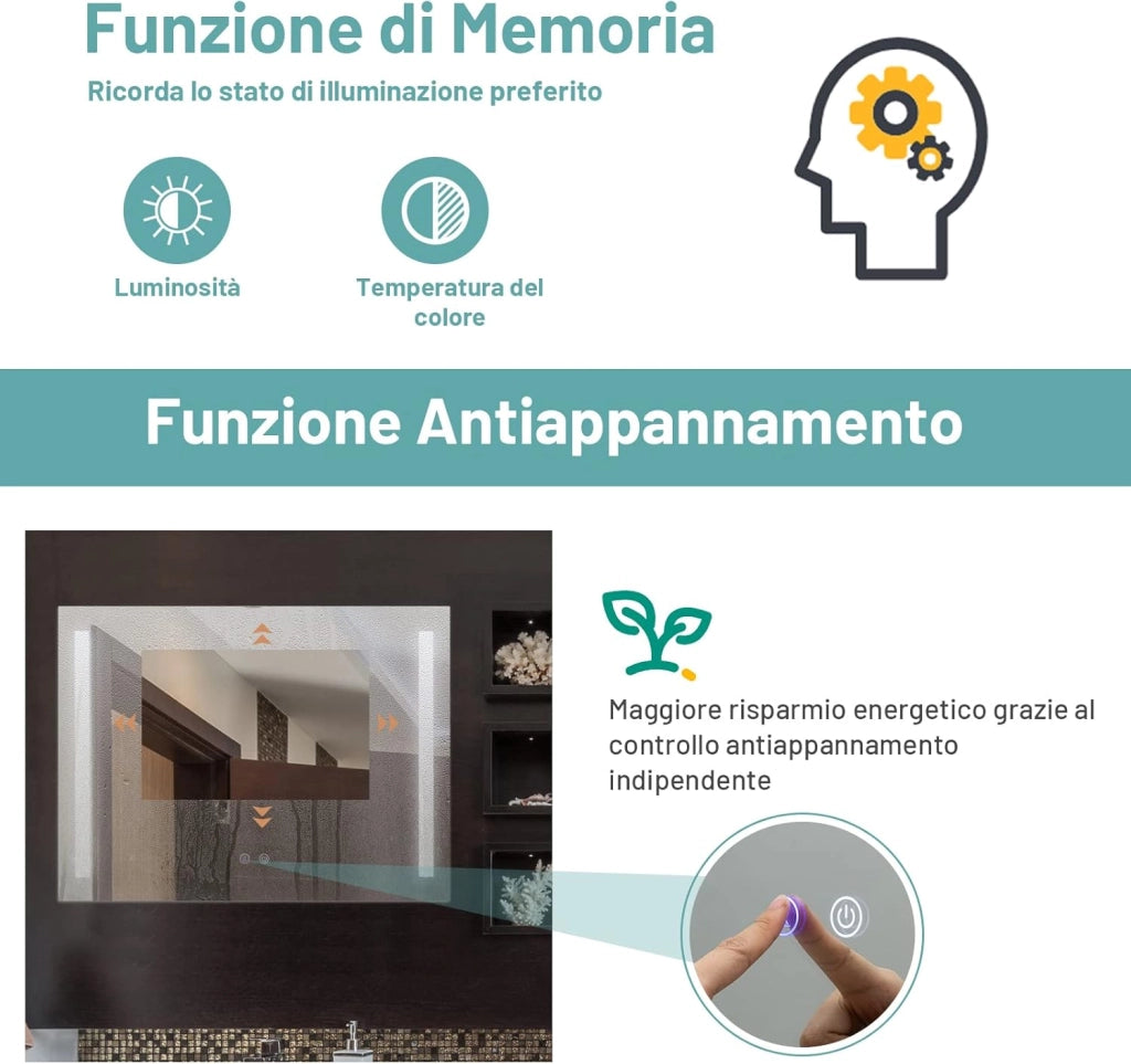 Specchio da Bagno a LED 80x60 cm, Specchio a Parete con Luminosità Regolabile, 3 Colore, Funzione Anti Appannamento e Memoria, Specchio Illuminato