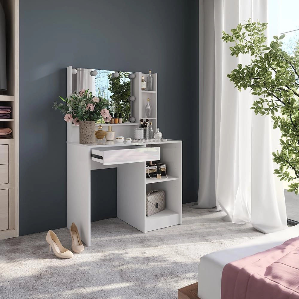 Tavolo da toeletta Sherry, Bianco/bianco lucido, 89.8 cm 4 parti