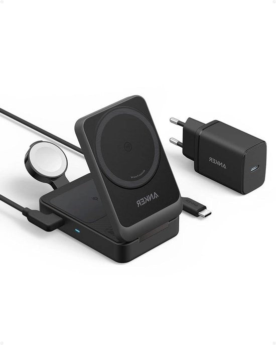 Stazione di ricarica 3 in 1 MagGo - Certificato Qi2 - 15 W stazione di ricarica wireless MagSafe - Caricatore per Apple Watch - iPhone 14/15 AirPods - Apple Watch 9 - inclusa caricatrice USB-C 40W Stazione di ricarica
