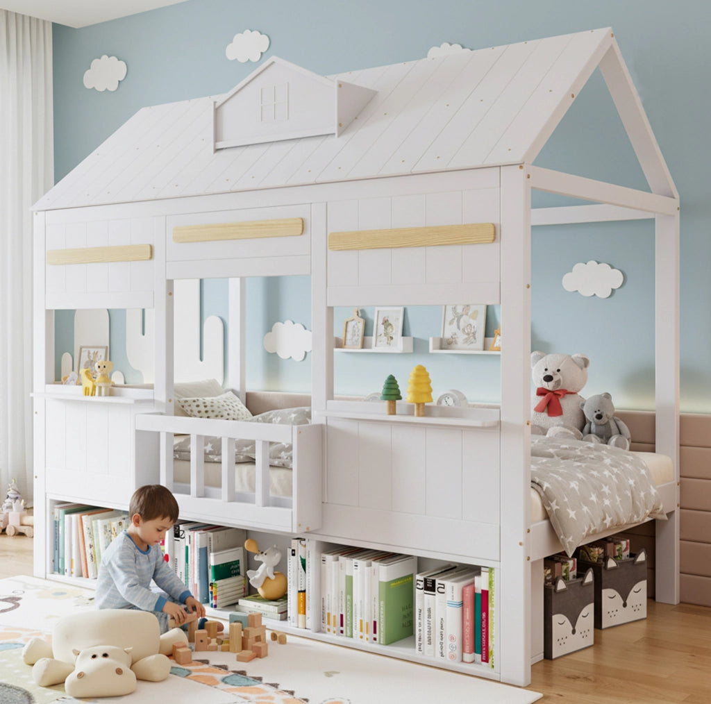 Letto a soppalco per bambini bianco 90x200 cm con libreria integrata
