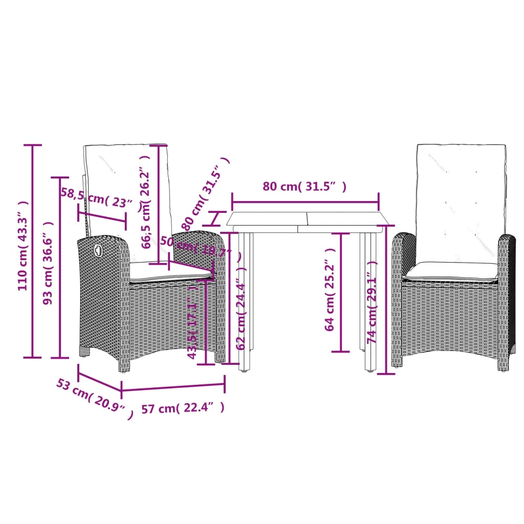 Set Pranzo da Giardino 3pz | Set Salotto da Giardino con Cuscini Grigio Chiaro Polyrattan