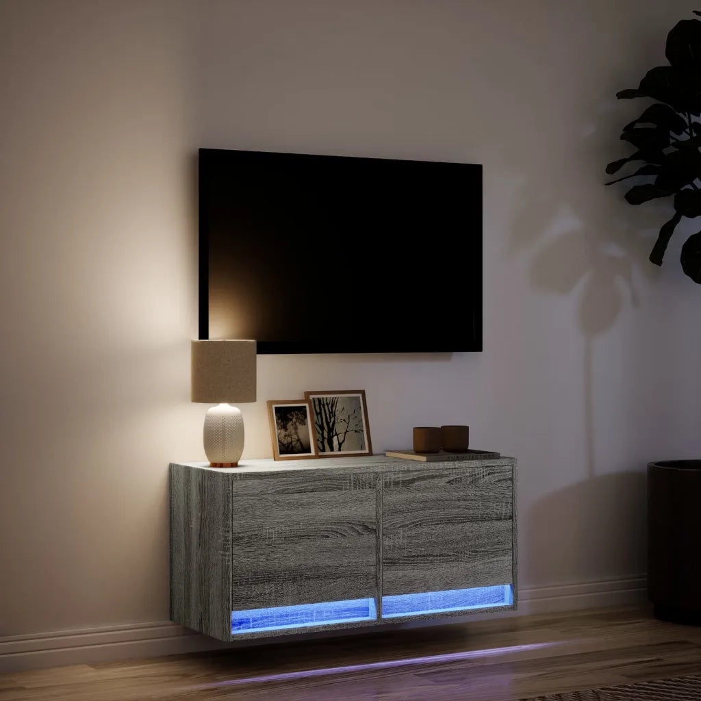 Mobile TV a Parete con Luci LED Grigio Sonoma 80x31x35 cm 852360