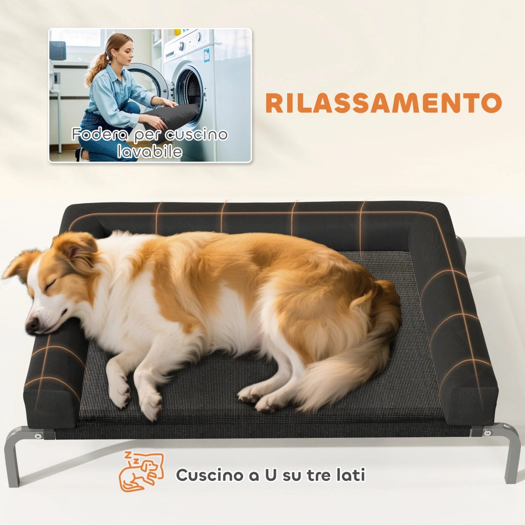 Brandina per Cani Rialzata 110x75x30 cm con Cuscino a U in Tessuto Nero e Argento