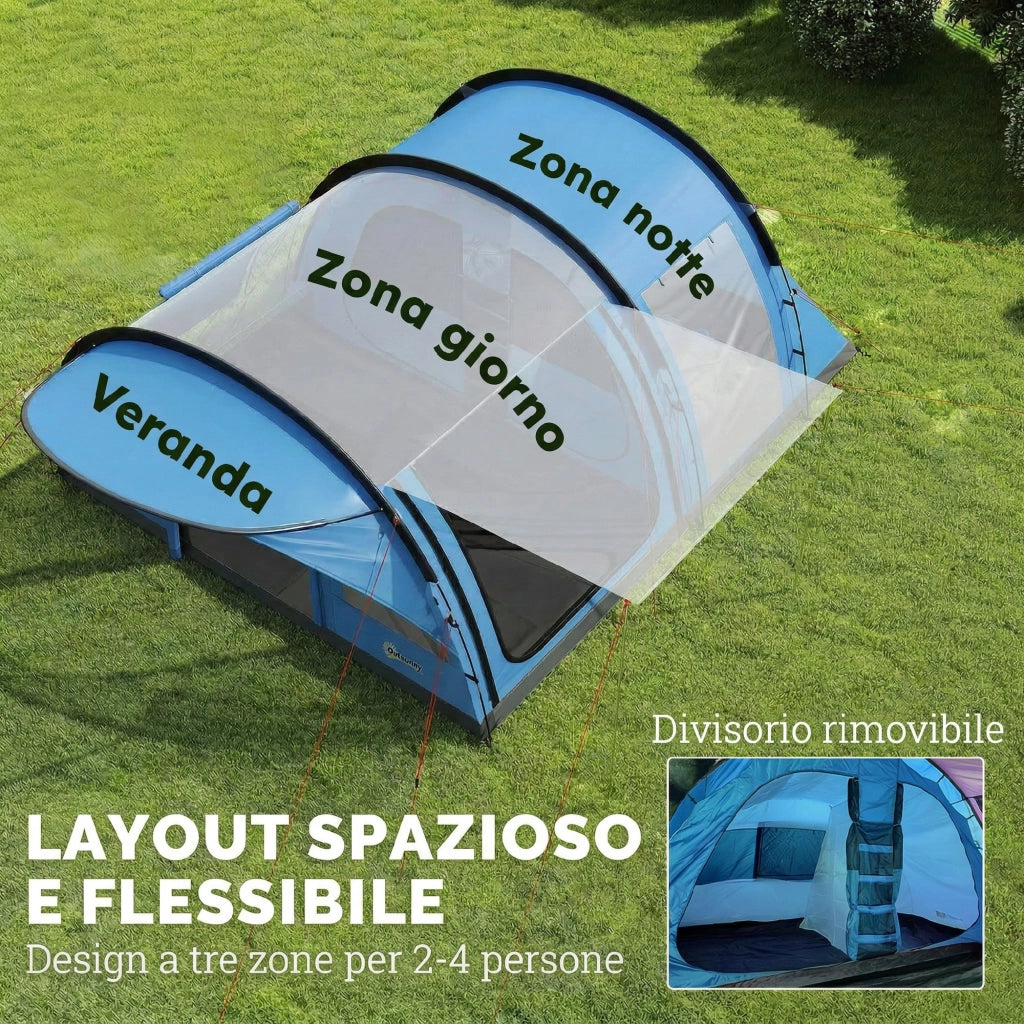 Tenda da Campeggio Tunnel 2 Stanze 4 Persone 200cm ¨C zephmum ¨C Azzurro Impermeabile 3000mm