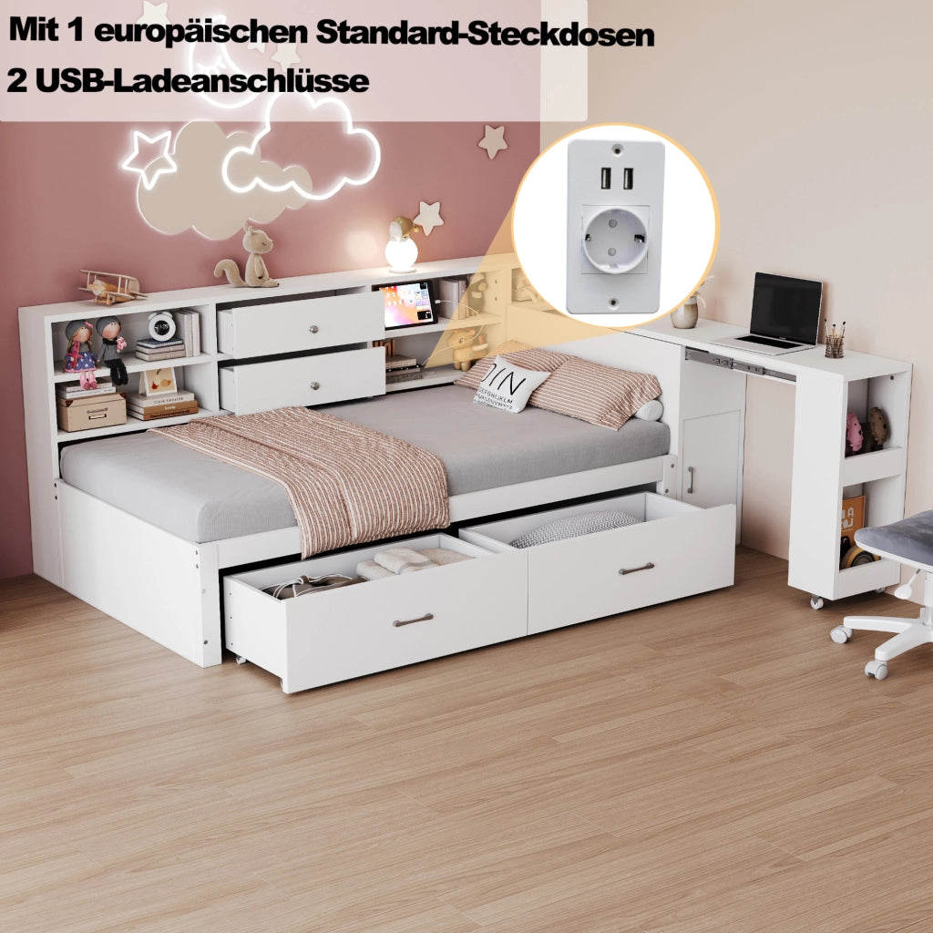 Letto singolo multifunzione 90x200 cm bianco con scrivania