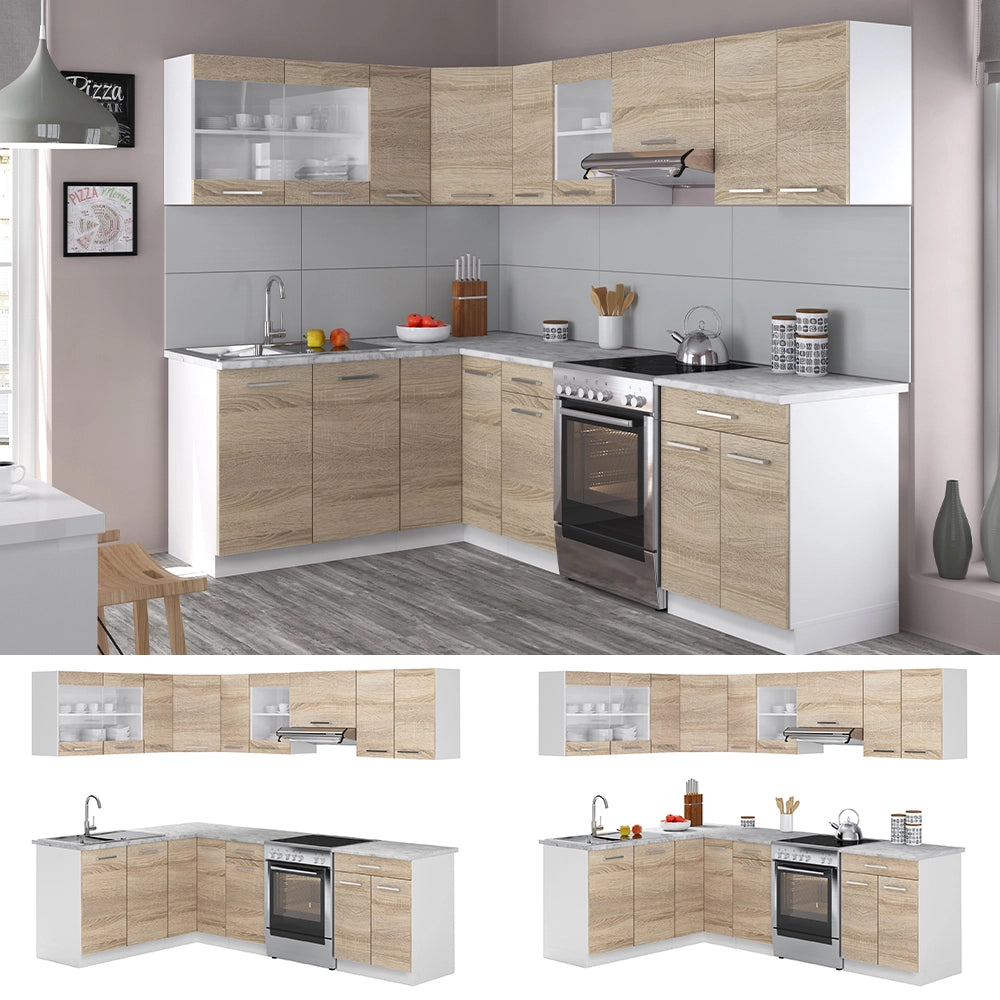Vicco Cucina ad angolo Bianco/Sonoma 247 x 167 cm , PL Marmo con striscia LED