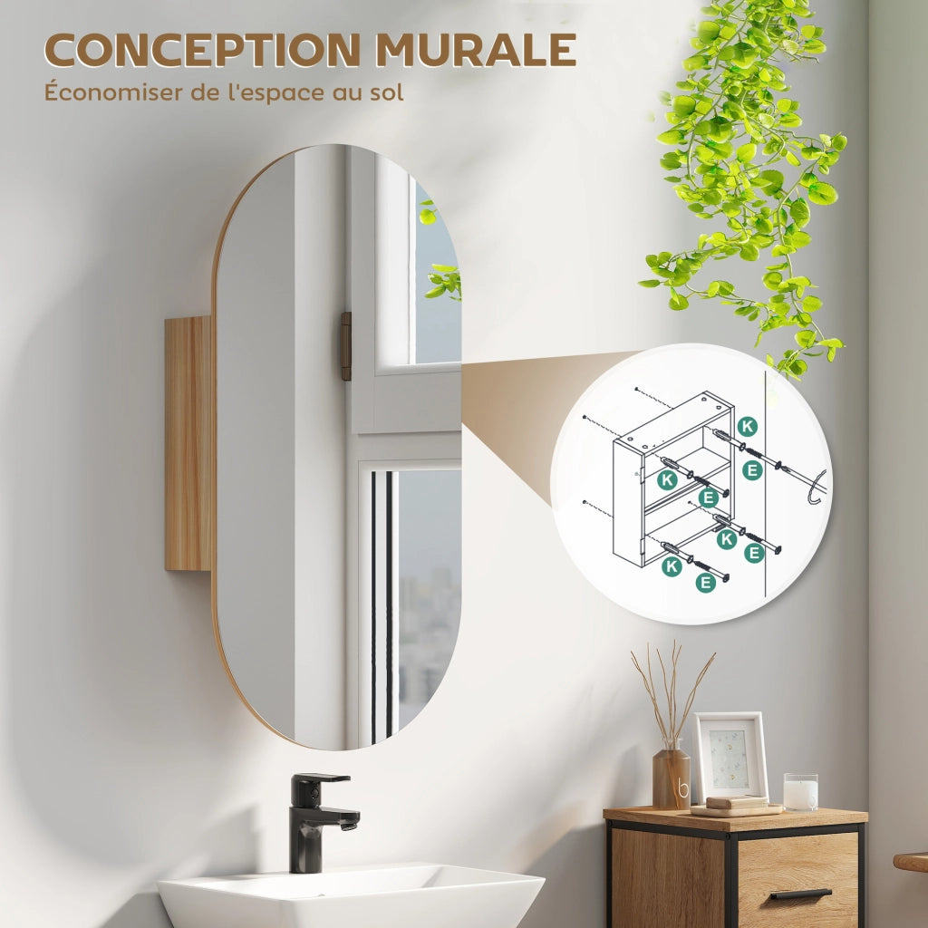 Armadietto bagno con specchio ovale 45x90 cm ¨C zephmum ¨C legno naturale
