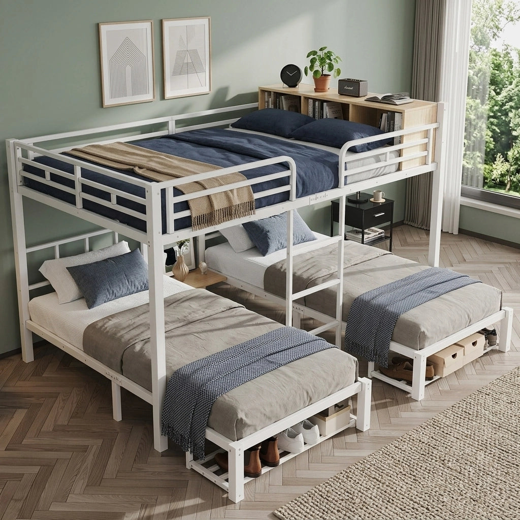 Letto a castello 3 posti 140 × 200 cm e 90 × 200 cm con ripiano aperto e porta scarpe, senza materasso, bianco