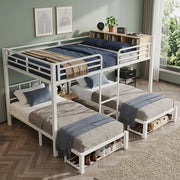 Letto a castello 3 posti 140 × 200 cm e 90 × 200 cm con ripiano aperto e porta scarpe, senza materasso, bianco