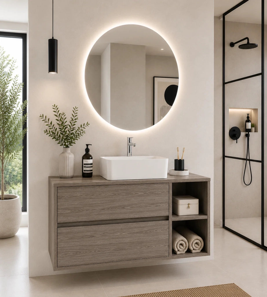 Mobile bagno con top in legno e lavabo da appoggio ORIGENBATH ZEUS senza specchio 120x45 cm 1 vasca Destra rovere smoky
