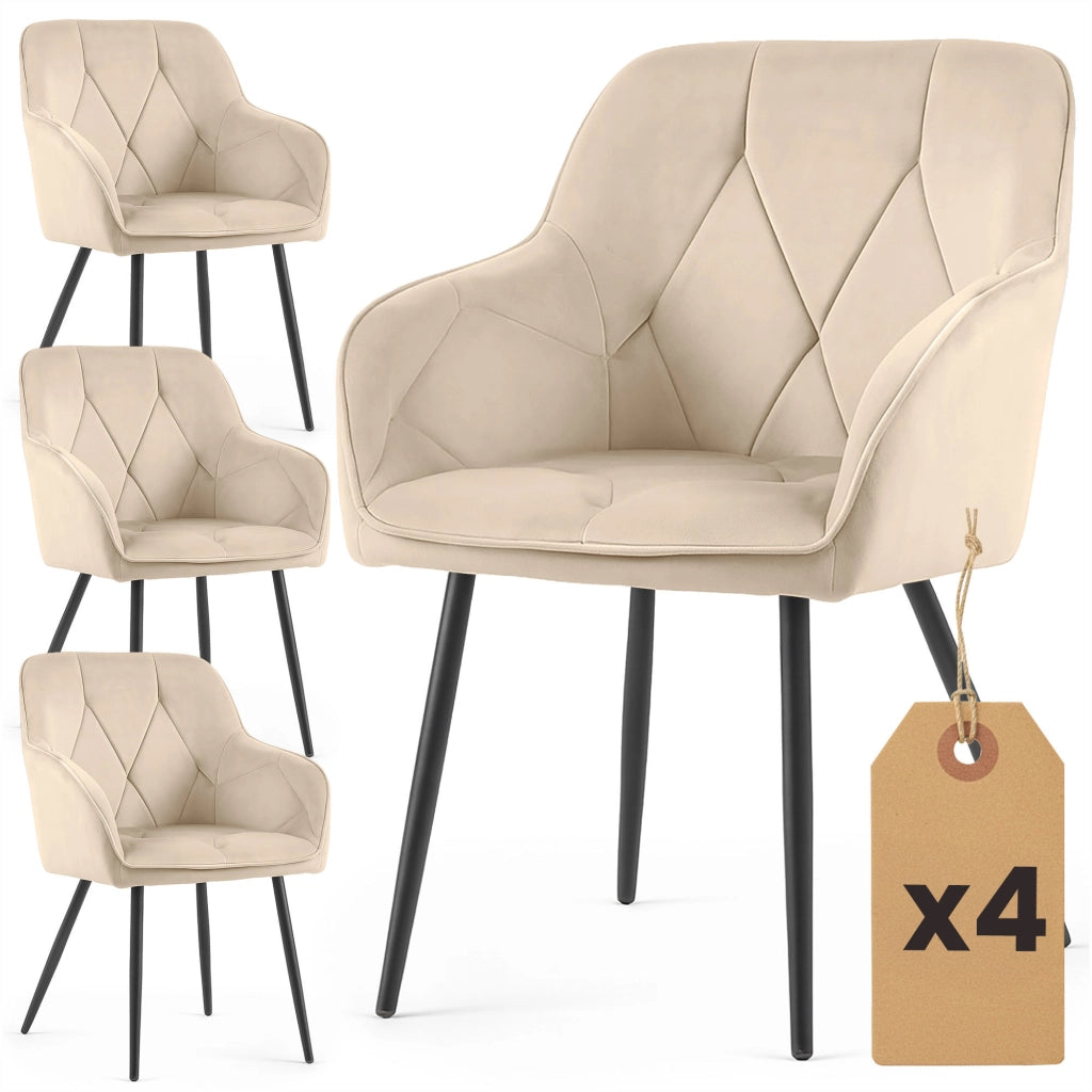 Set di 4 Sedie in velluto trapuntato DIAMANTE Beige gambe nere