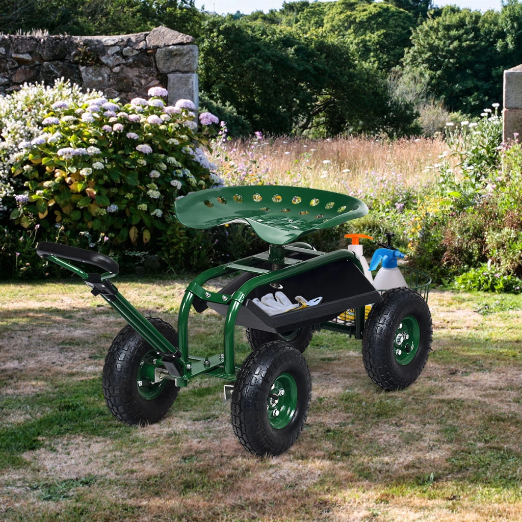 Carrello da giardino maneggevole con manico estensibile cesto portaoggetti, Sedile da lavoro rotolante Altezza 48-53cm